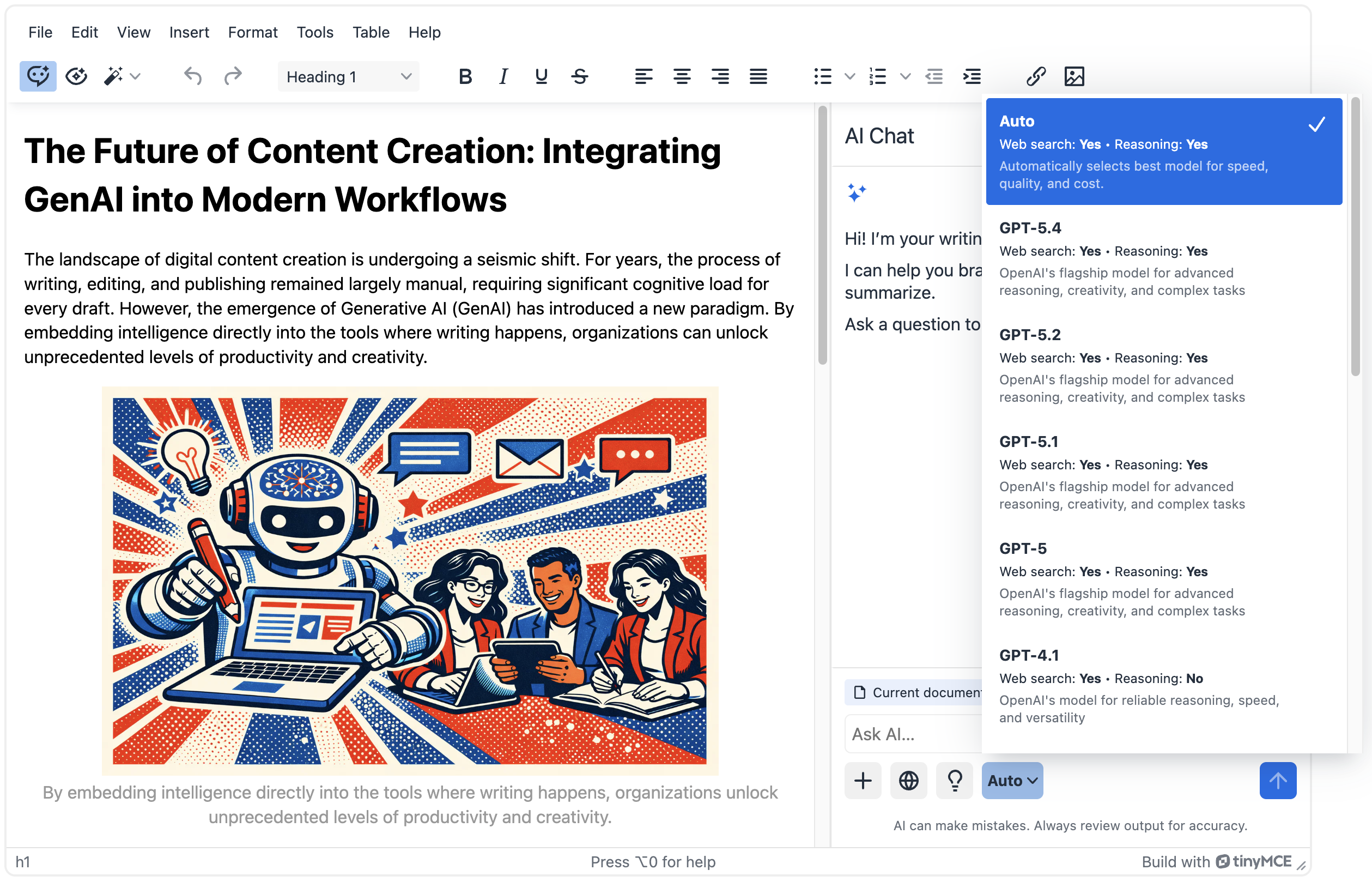 TinyMCE AI Chat available models dropdown
